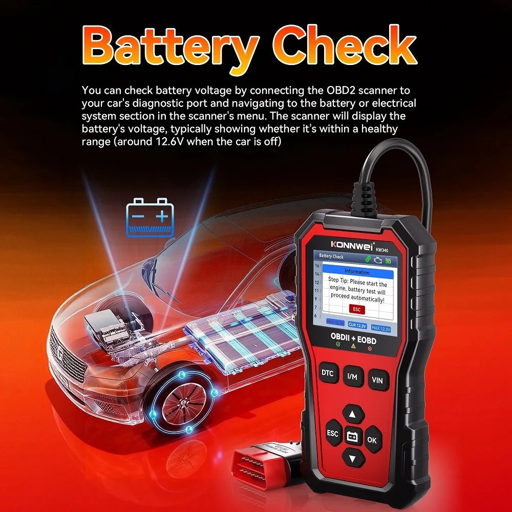 Scanner Diagnostic Automobile KONNWEI KW340 OBD2/EOBD avec Test de Batterie & Écran Couleur — visuel 2