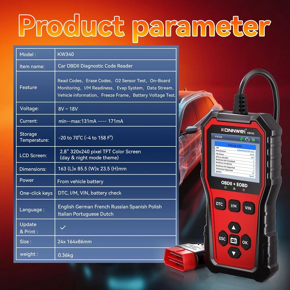Scanner Diagnostic Automobile KONNWEI KW340 OBD2/EOBD avec Test de Batterie & Écran Couleur — visuel 3