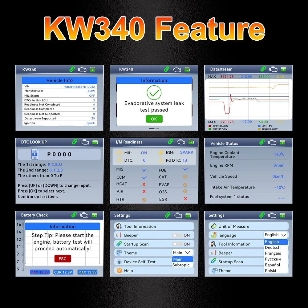 Scanner Diagnostic Automobile KONNWEI KW340 OBD2/EOBD avec Test de Batterie & Écran Couleur — visuel 4