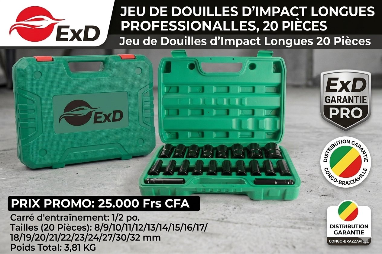 Jeu Douilles Impact Longues ExD 20 Pièces Pro - Outillage Congo