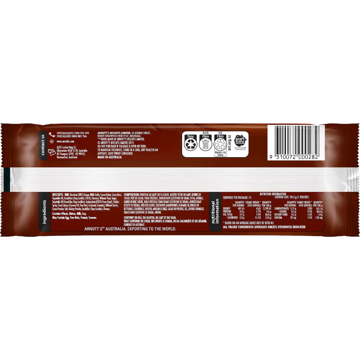 Arnott's Tim Tam Original Biscuits 200g Made with Real Chocolate - Ingredients Label