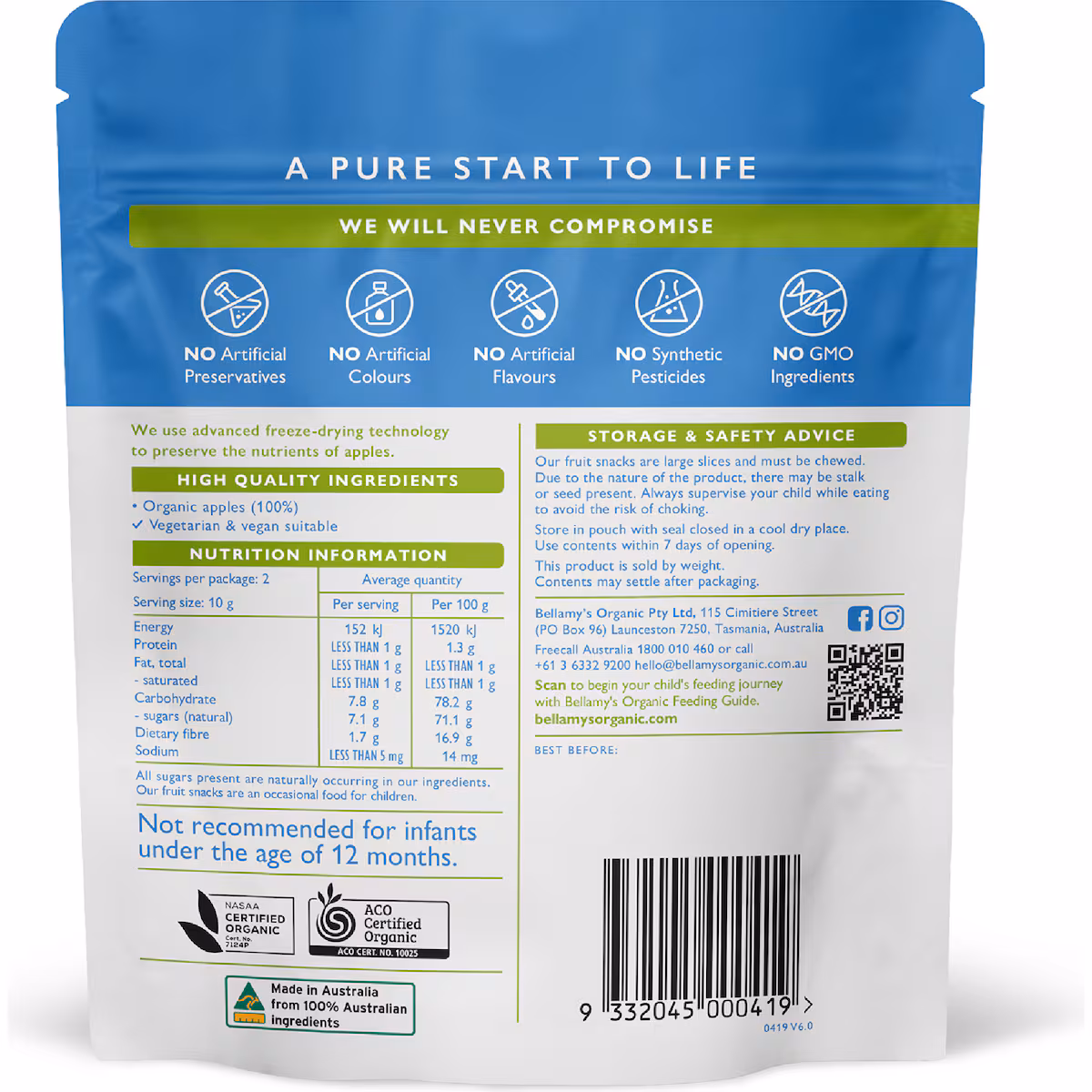 Bellamy's Organic Apple Snacks 20g Freeze-Dried for Toddlers - Ingredients Label