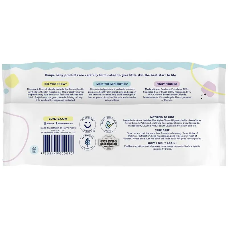 Bunjie Probiotic Baby Wipes 80 Count with Australian Water - Ingredients Label