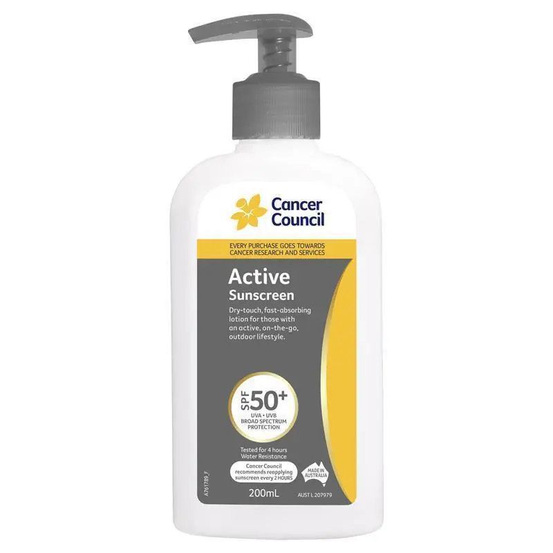 Cancer Council Active Sunscreen SPF 50+ 200ml 4hr Water Resistant Lotion