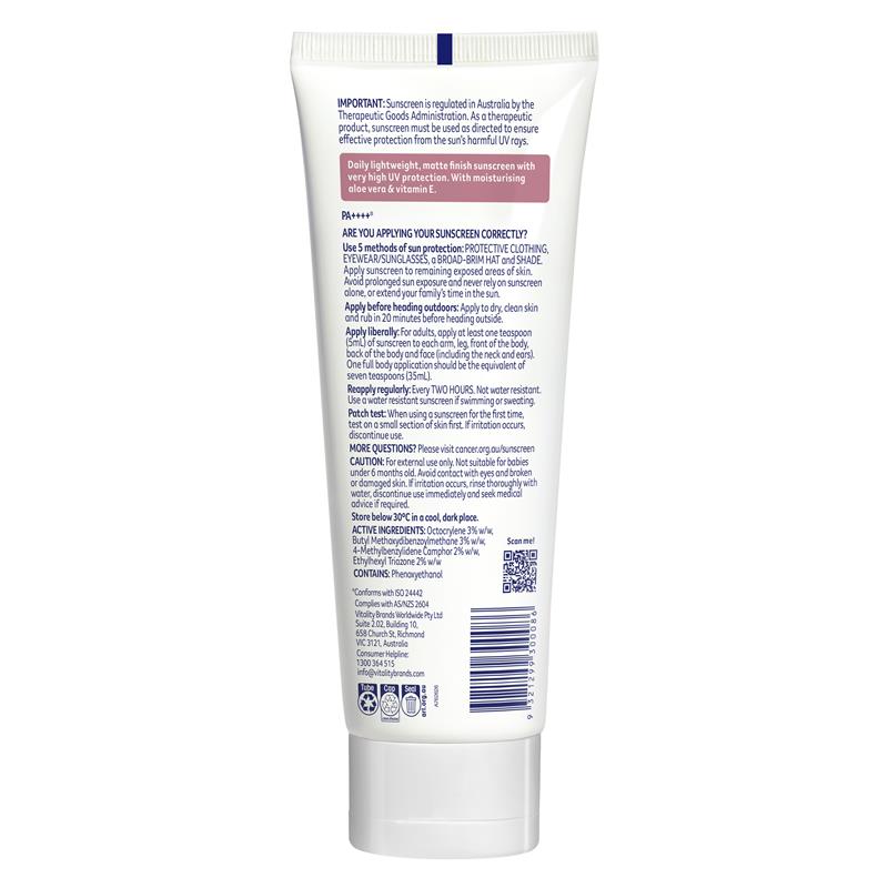 Cancer Council Daily Moisturiser 150mL SPF50+ Matte Finish - Ingredients Label