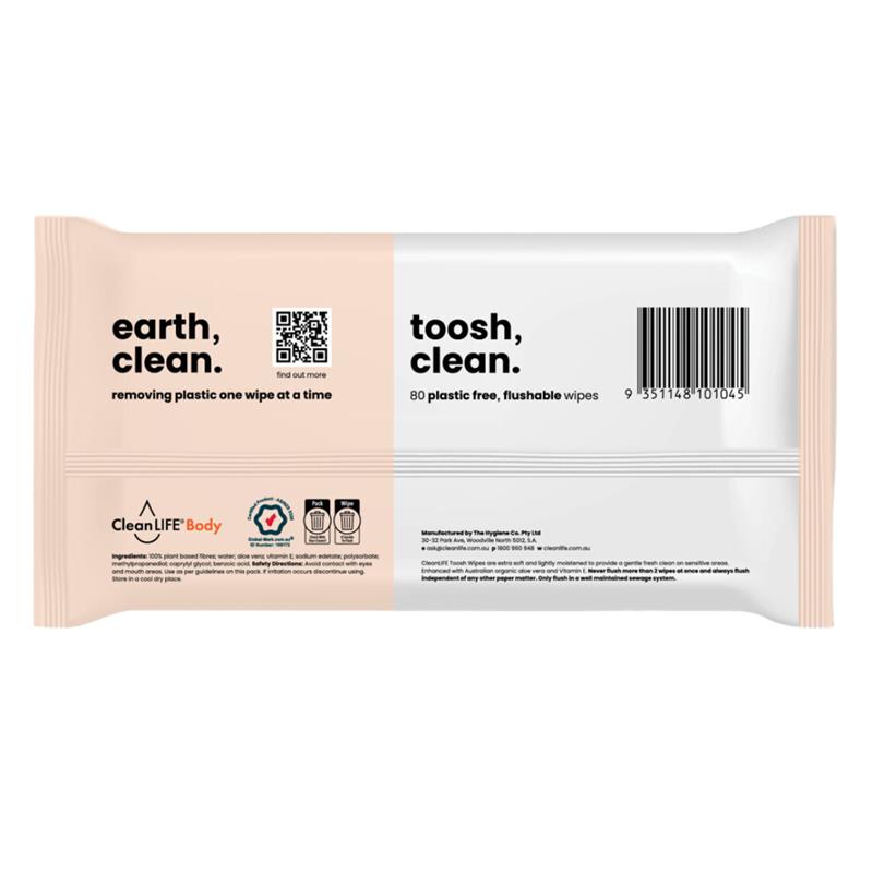 Clean LIFE Body toosh, clean. 80 Gentle Flushable Wipes Hypoallergenic - Ingredients Label