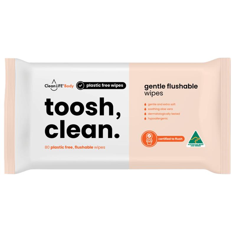 Clean LIFE Body toosh, clean. 80 Gentle Flushable Wipes Hypoallergenic