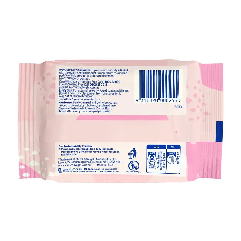 Curash Sensitive Fragrance Free 20 Thick & Strong Baby Wipes - Ingredients Label