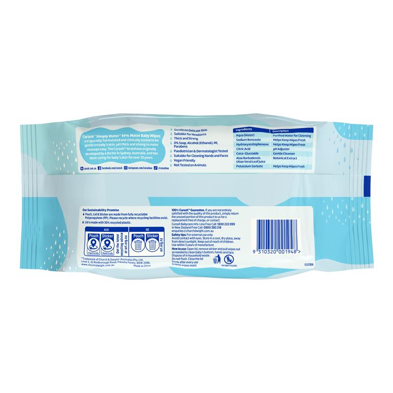 Curash Simply Water 80 Baby Wipes 99% Water Formula for Newborns - Ingredients Label
