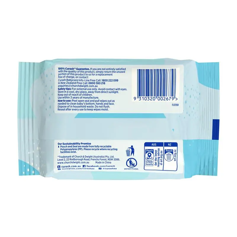 Curash Simply Water Baby Wipes 20 ct 99% Water for Newborns - Ingredients Label