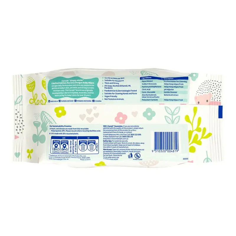 Curash Simply Water Thick & Strong Baby Wipes 80 Count - Ingredients Label