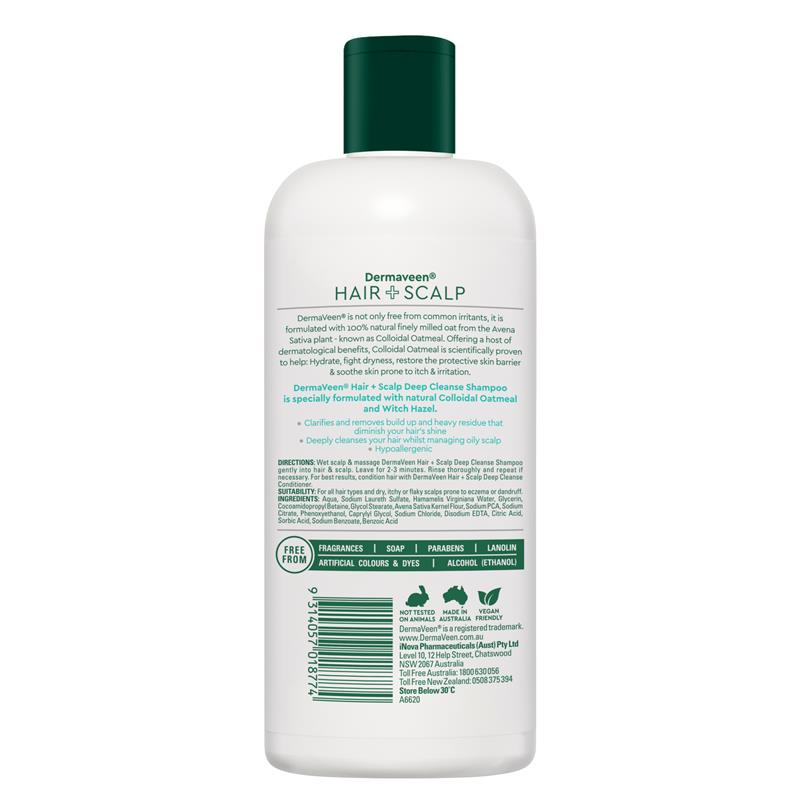 DermaVeen Hair + Scalp Deep Cleanse Shampoo 500 mL for Dandruff - Ingredients Label