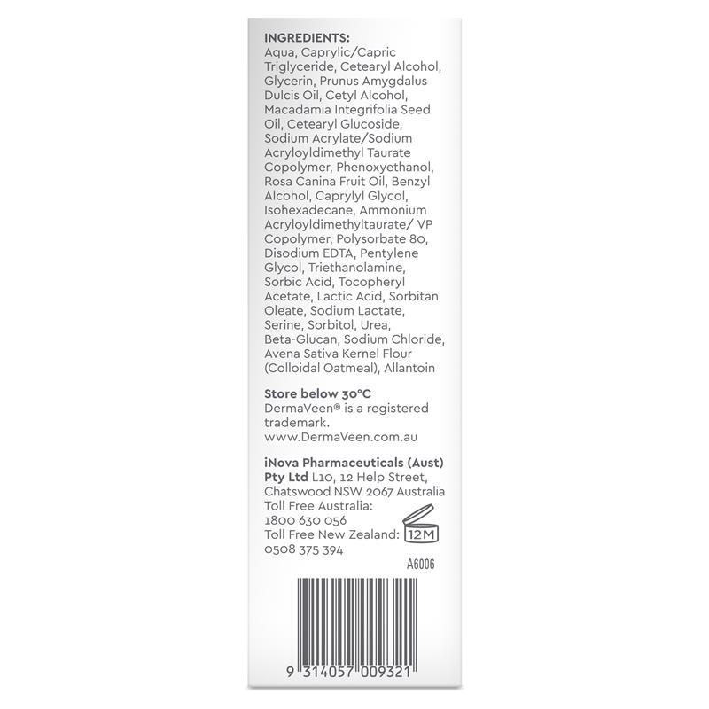 DermaVeen Hydrating Facial Moisturiser 75 mL for Sensitive & Dry Skin - Ingredients Label