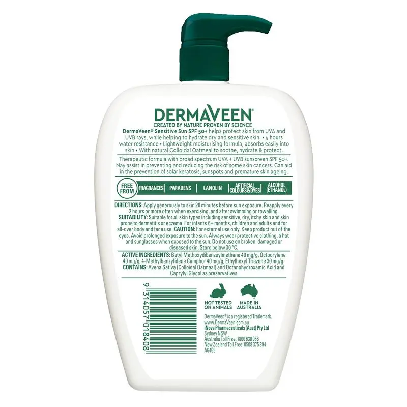 DermAveen Sensitive Sun SPF 50+ Face & Body Cream 500g for Sensitive Skin - Ingredients Label