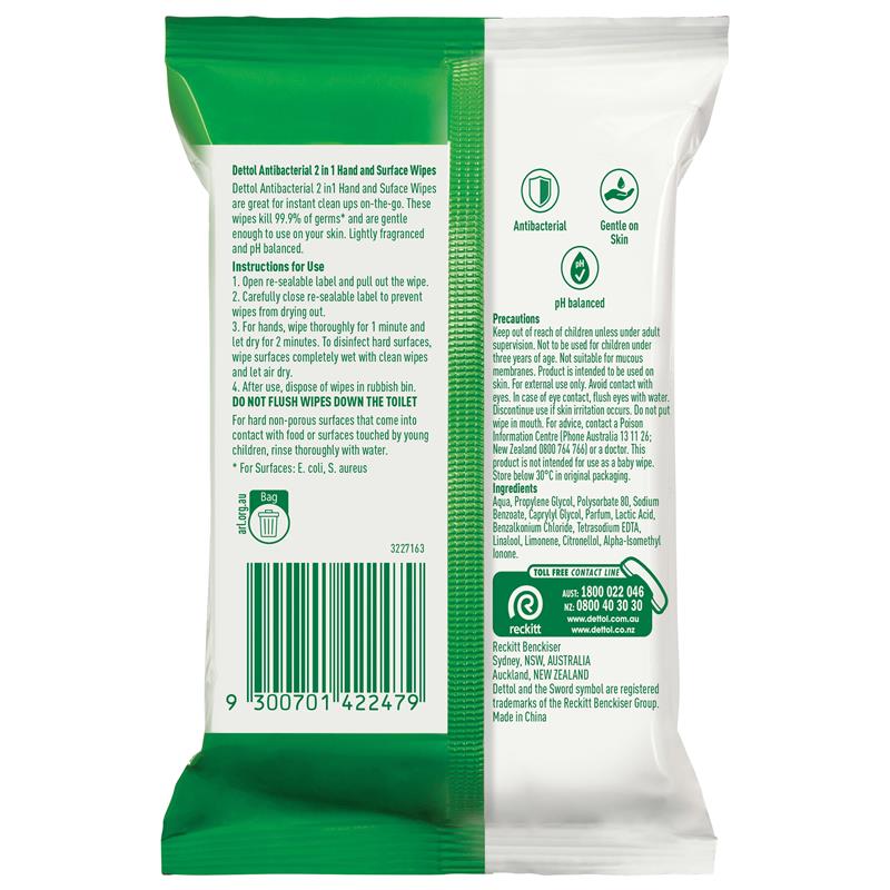 Dettol 2in1 Antibacterial Hand & Surface Wipes 15 Count - Ingredients Label