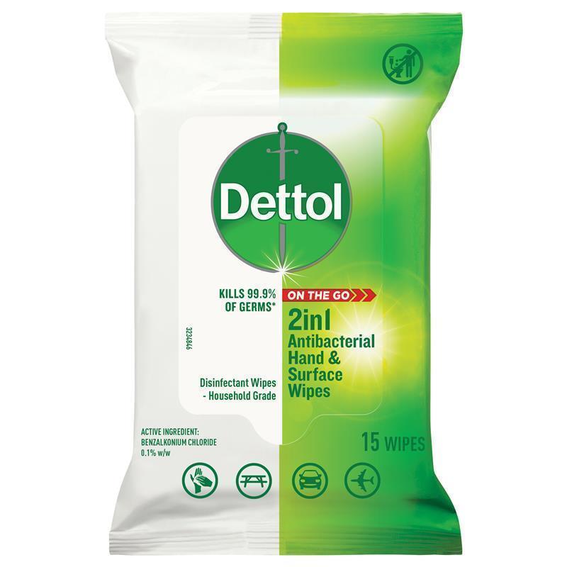Dettol 2in1 Antibacterial Hand & Surface Wipes 15 Count