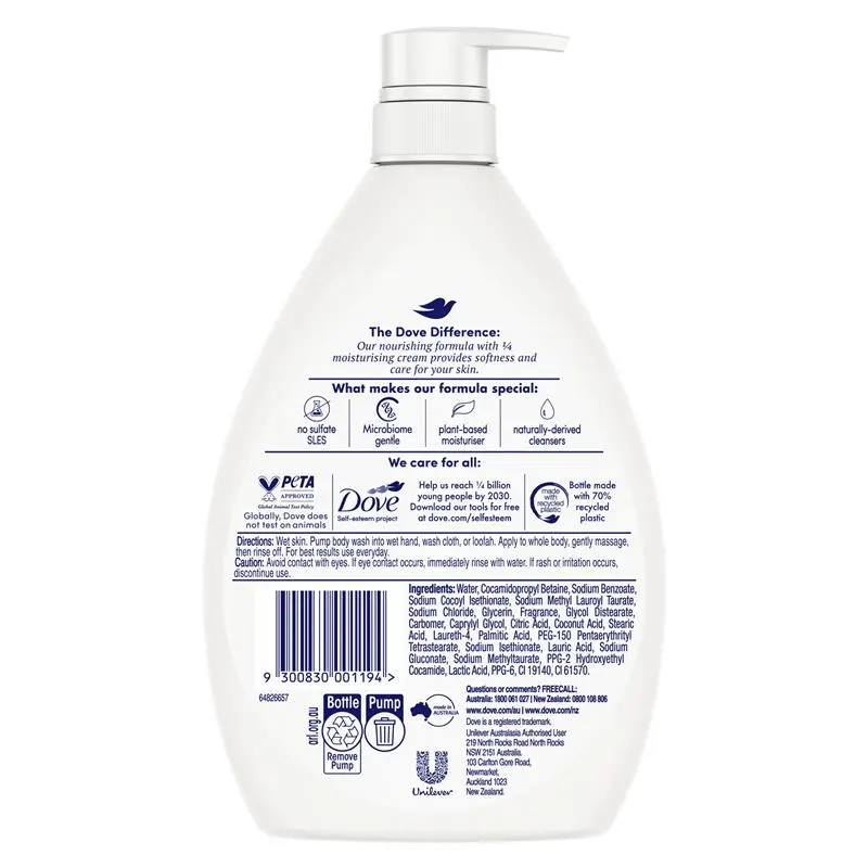 Dove Fresh Care Body Wash 1L - Refreshing Gentle Care for Soft Skin - Ingredients Label