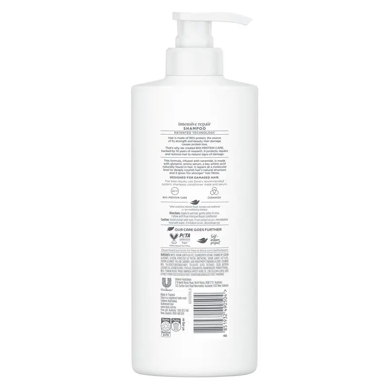 Dove Intensive Repair + Ceramide Shampoo 350 mL for 10X Stronger Damaged Hair - Ingredients Label