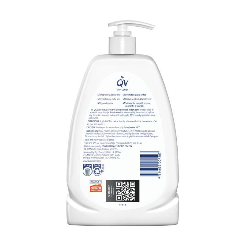 Ego QV Skin Lotion 1.25 Litre for Sensitive Dry Skin Light Hydration - Ingredients Label