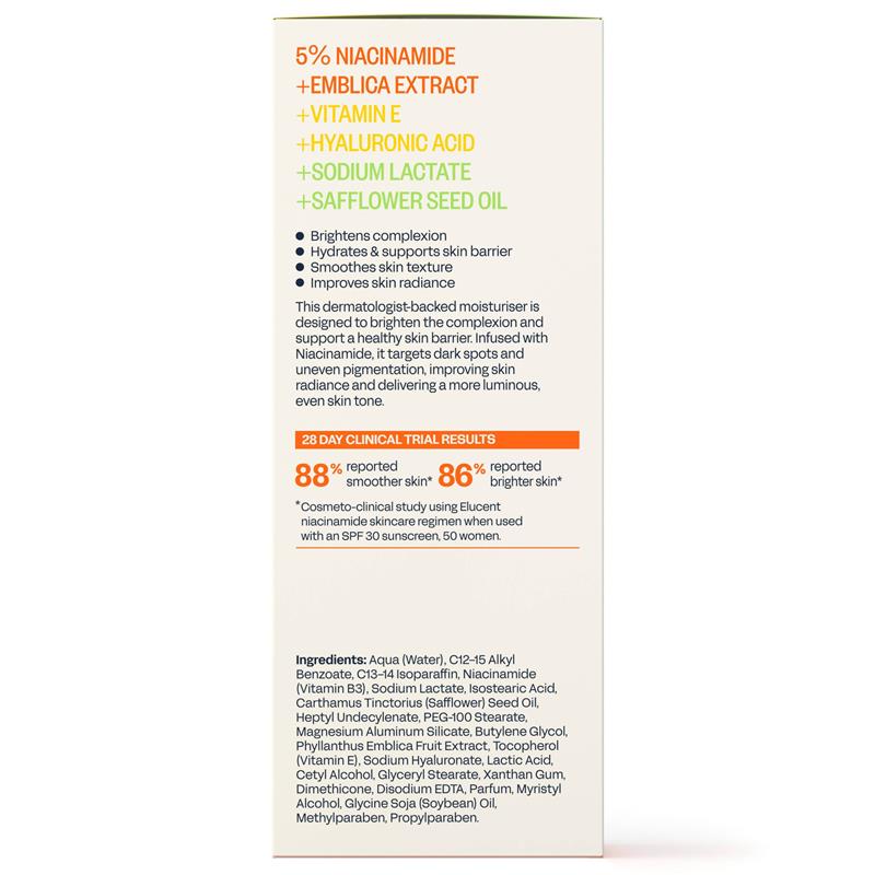 ELUCENT Bright + Balanced Day Moisturiser 75g with 5% Niacinamide - Ingredients Label