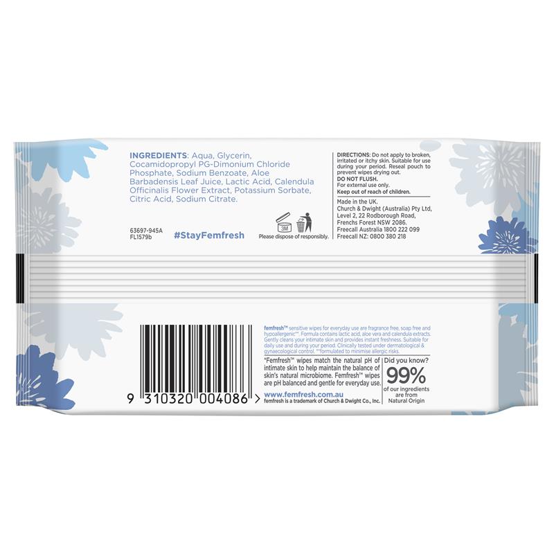 Femfresh Sensitive Wipes 20 Count pH & Microbiome Balanced Intimate Care - Ingredients Label