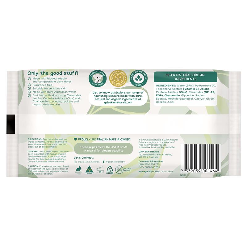 GAIA Natural Baby Biodegradable Wipes 20 Wipes Water & Ceramides - Ingredients Label