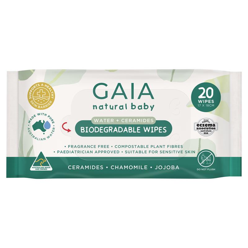 GAIA Natural Baby Biodegradable Wipes 20 Wipes Water & Ceramides