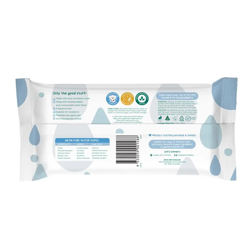 GAIA Natural Baby Biodegradable Wipes 70ct - 99.5% Water - Ingredients Label