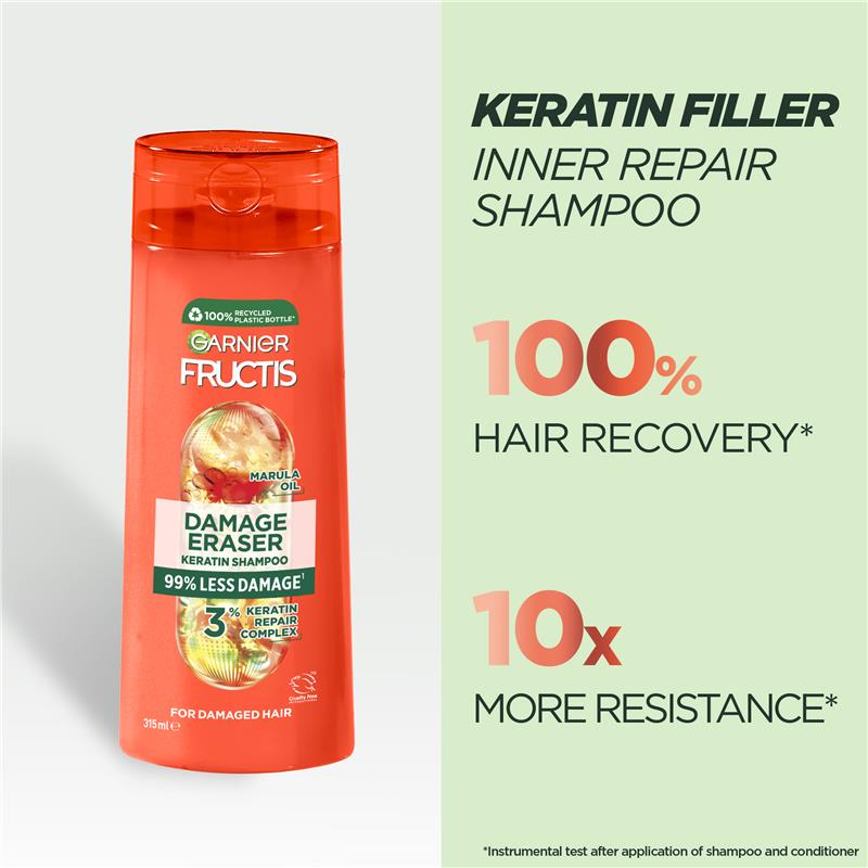 Garnier Fructis Damage Eraser Keratin Shampoo 315ml for Damaged Hair - Ingredients Label