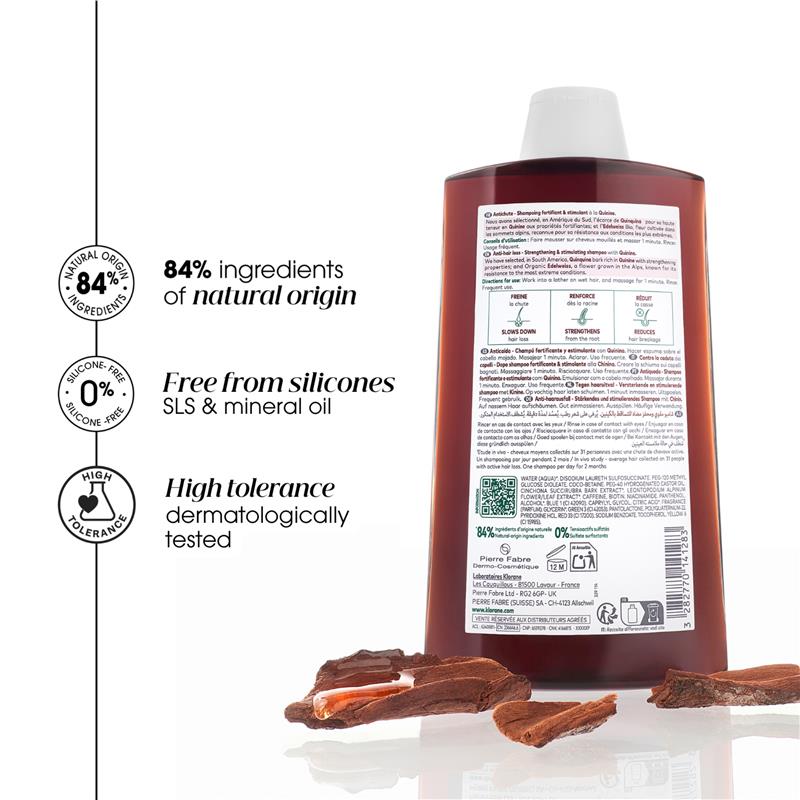Klorane Anti-Hair Loss Strengthening & Stimulating Shampoo 400ml Quinine - Ingredients Label