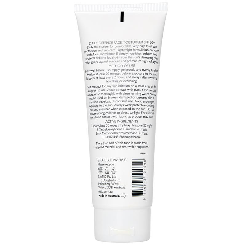Natio Daily Defence Face Moisturiser SPF50+ 100ml for Nourishing Broad Spectrum Protection - Ingredients Label