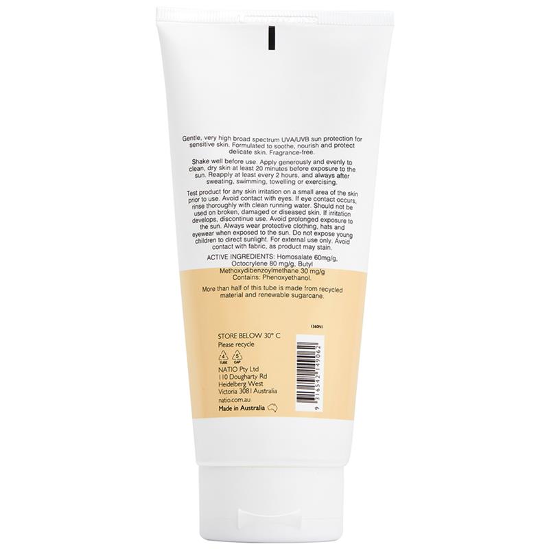 Natio Sun Sensitive Skin Sunscreen SPF 50+ 200ml, Fragrance Free - Ingredients Label
