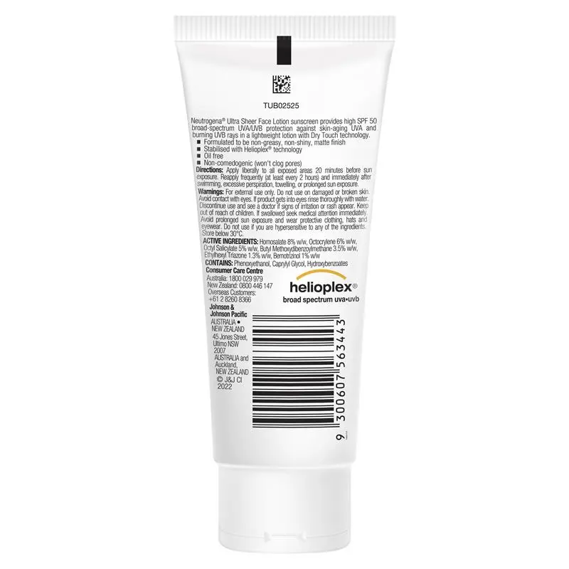 Neutrogena Ultra Sheer Face Sunscreen SPF50 88mL Matte Finish - Ingredients Label
