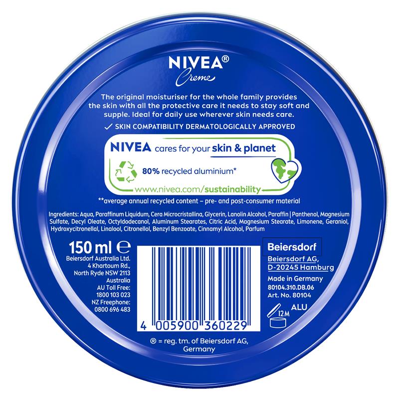 NIVEA Creme 150 mL Original Daily Moisturizer for Soft, Supple Skin - Ingredients Label
