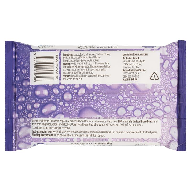 Ocean Healthcare Flushable Wipes 40 Count pH Neutral & Alcohol Free - Ingredients Label