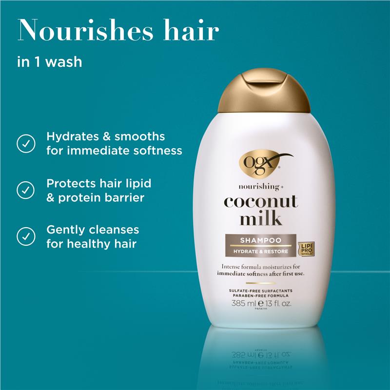 OGX Nourishing Coconut Milk Shampoo 385ml for Immediate Softness - Ingredients Label