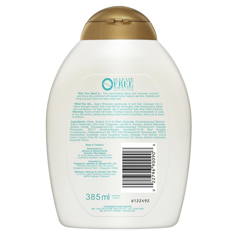 OGX Quenching + Coconut Curls Shampoo 385ml for Bounce & Shine - Ingredients Label