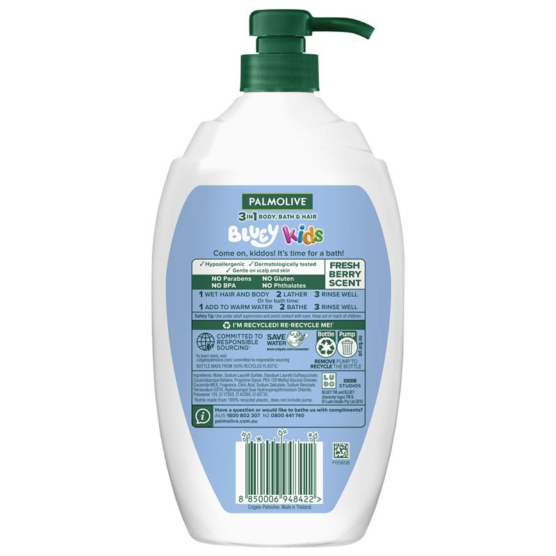 Palmolive Kids Bluey 3in1 Body, Bath & Hair 1L Berrylicious Hypoallergenic - Ingredients Label