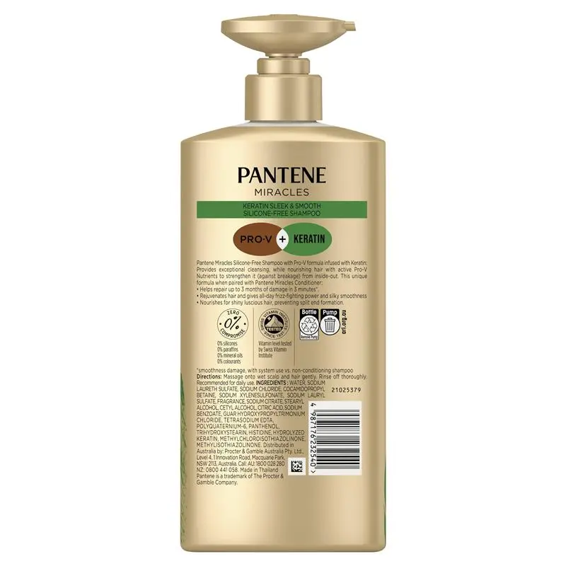 Pantene Miracles Keratin Sleek & Smooth Shampoo 650ml - Ingredients Label