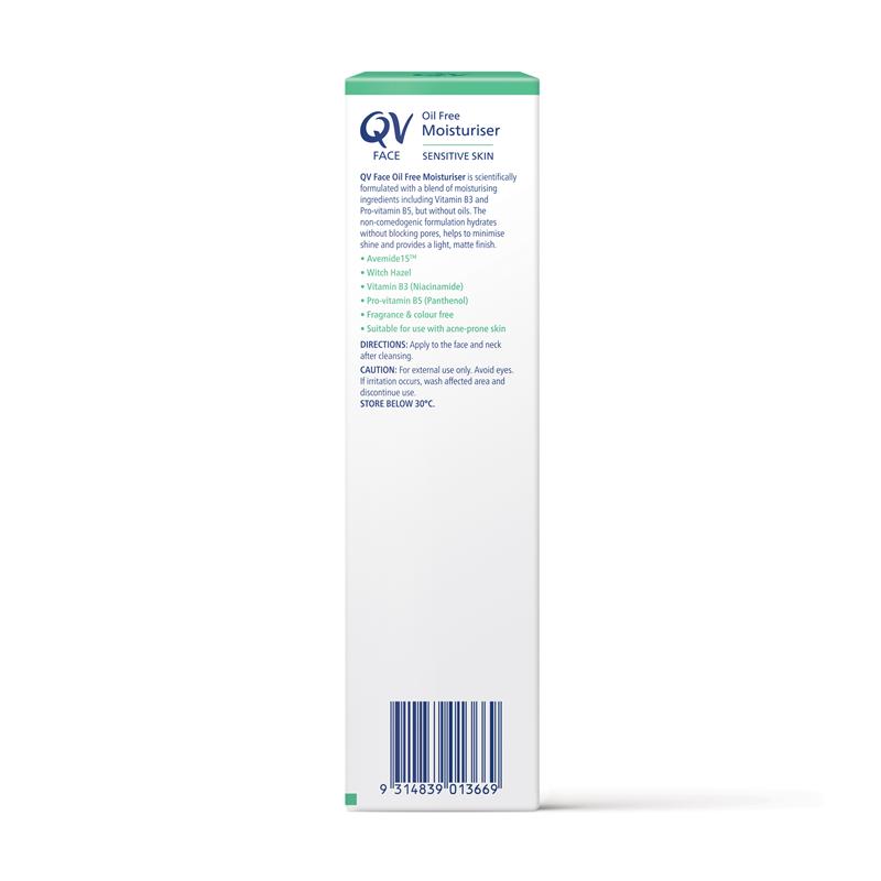 QV Face Oil Free Moisturiser 75ge Hydrates & Minimises Shine for Matte Finish - Ingredients Label