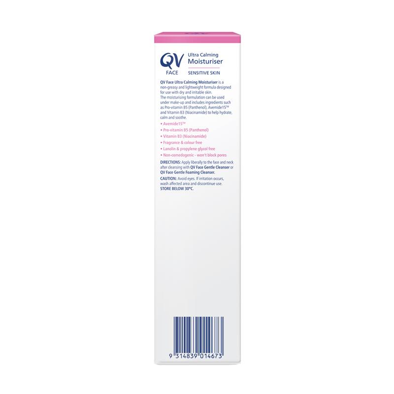 QV Face Ultra Calming Moisturiser 75g for Dry Irritable Skin - Ingredients Label