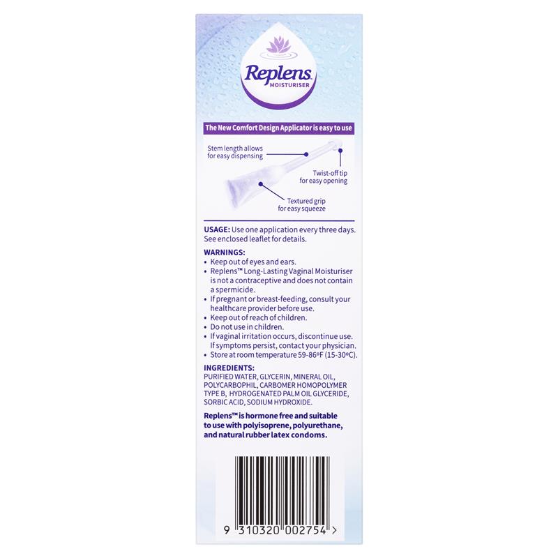 Replens Long-Lasting Vaginal Moisturiser 10 Applicators for Dryness Relief - Ingredients Label