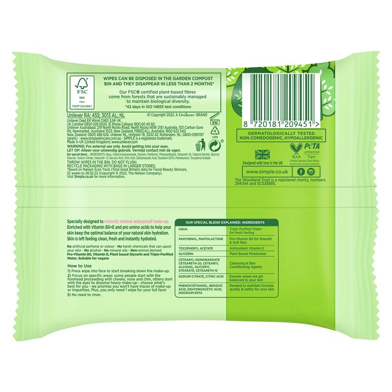 Simple Kind to Skin Cleansing Wipes 2x25 Wipes, Removes Make-Up - Ingredients Label