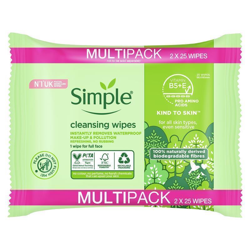 Simple Kind to Skin Cleansing Wipes 2x25 Wipes, Removes Make-Up