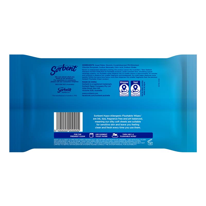 Sorbent Hypo-Allergenic Flushable Wipes 40 Sheets for Sensitive Skin - Ingredients Label