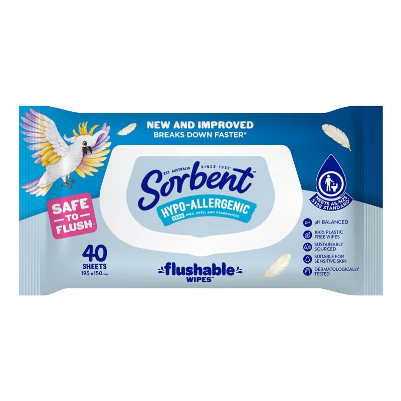 Sorbent Hypo-Allergenic Flushable Wipes 40 Sheets for Sensitive Skin