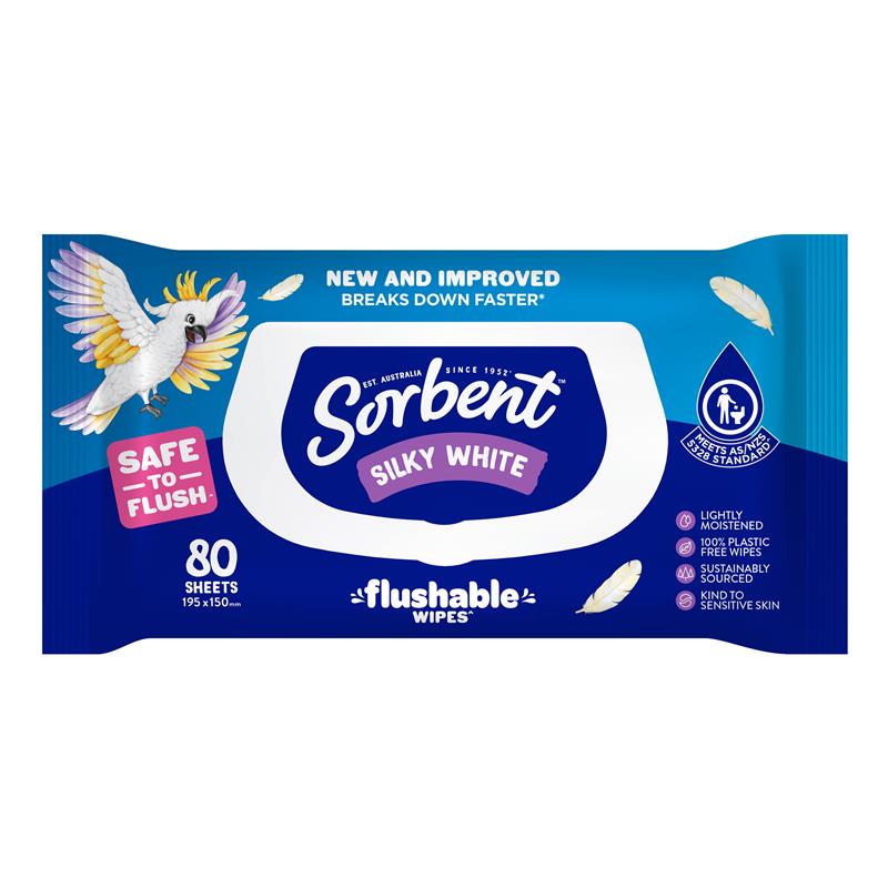 Sorbent Silky White Flushable Wipes 80 Sheets Breaks Down Faster