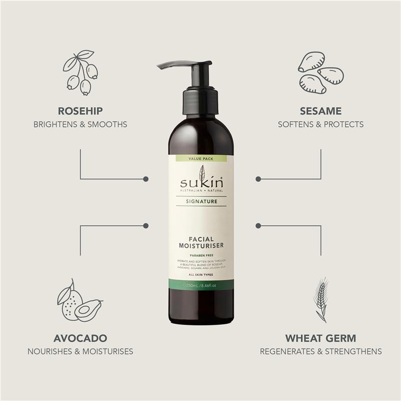 Sukin Signature Facial Moisturiser 250ml Hydrates and Softens Skin - Ingredients Label