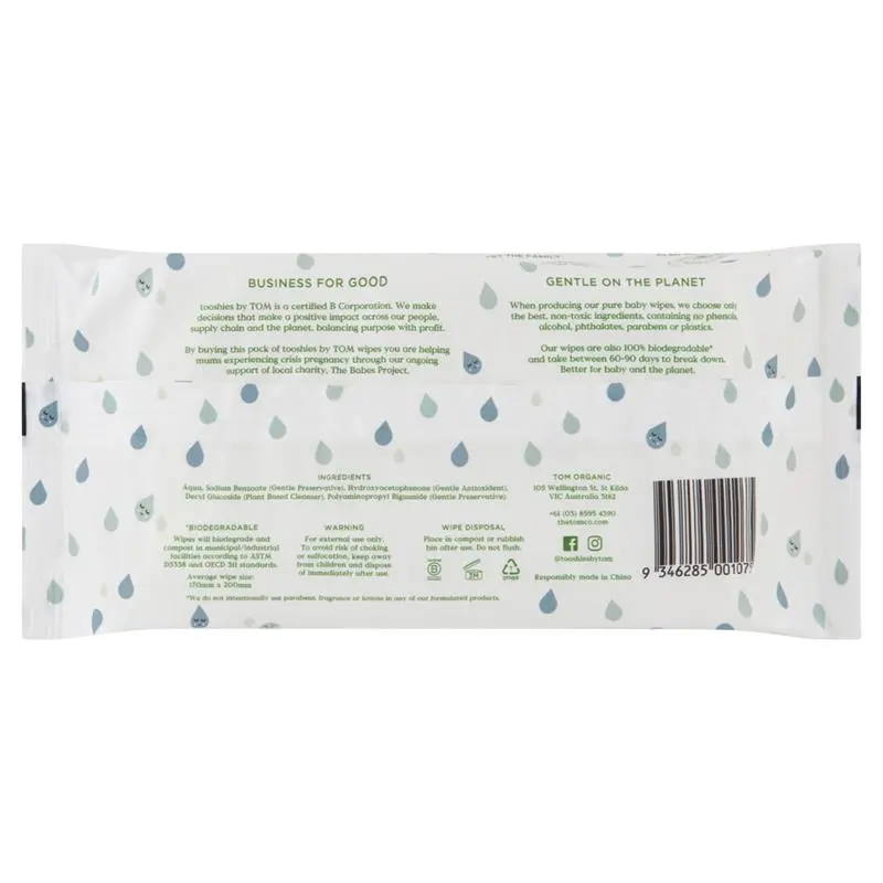 Toooshies Pure Water 70 Baby Wipes Compostable Biodegradable - Ingredients Label