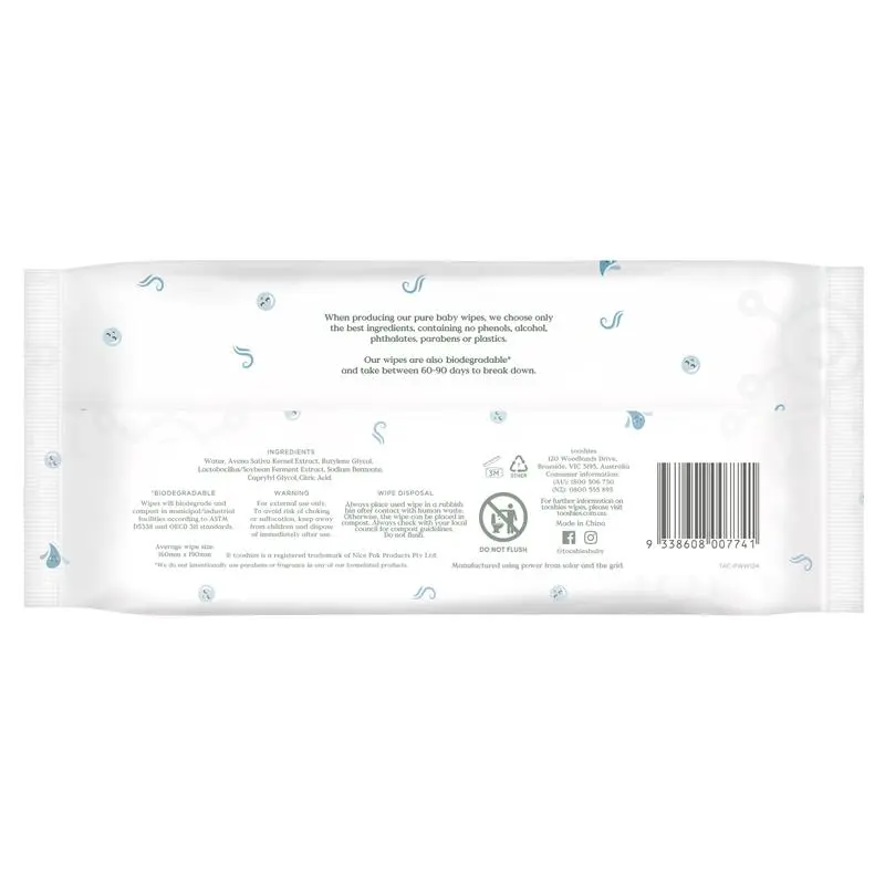 tOOshies Probiotic Water Wipes 70ct, Supports Healthy Skin Microbiome - Ingredients Label